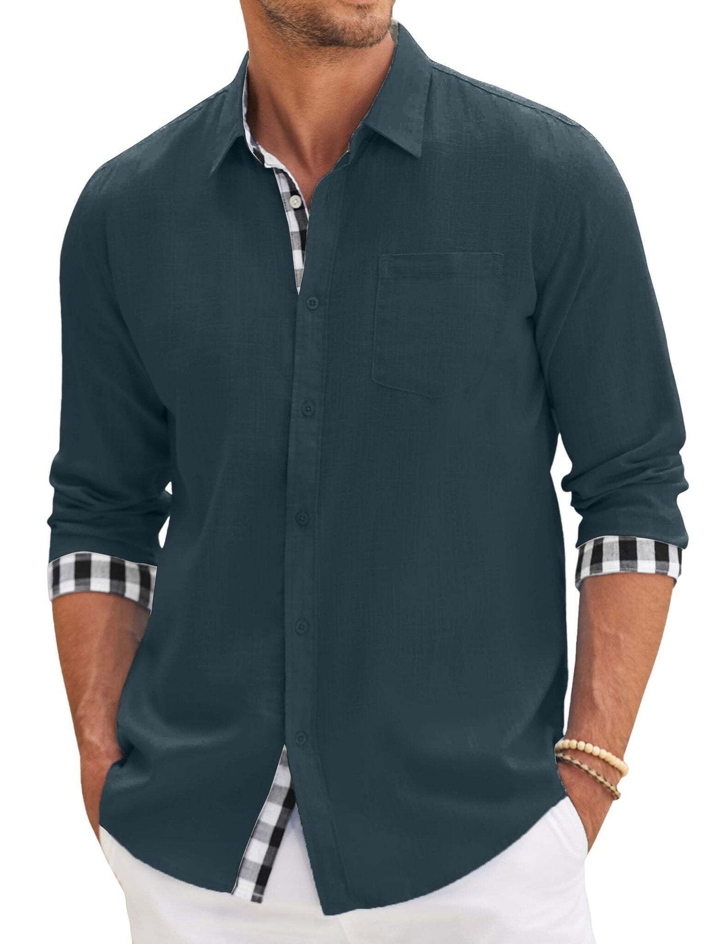 10-PARK Men's Cotton Aand Linen Simple Basic Plaid Pocket Classic Long-Sleeved Shirt