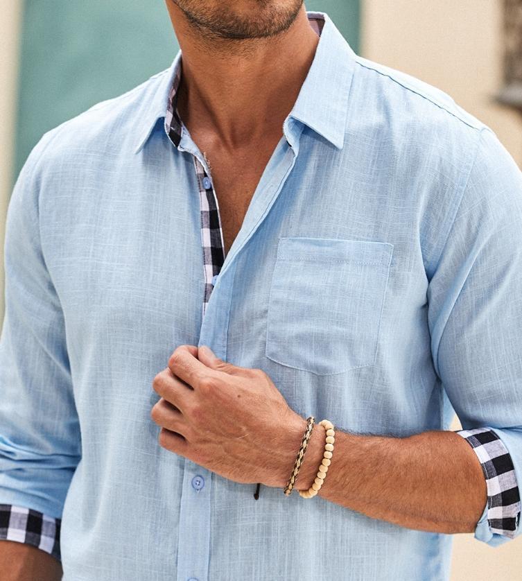 10-PARK Men's Cotton Aand Linen Simple Basic Plaid Pocket Classic Long-Sleeved Shirt