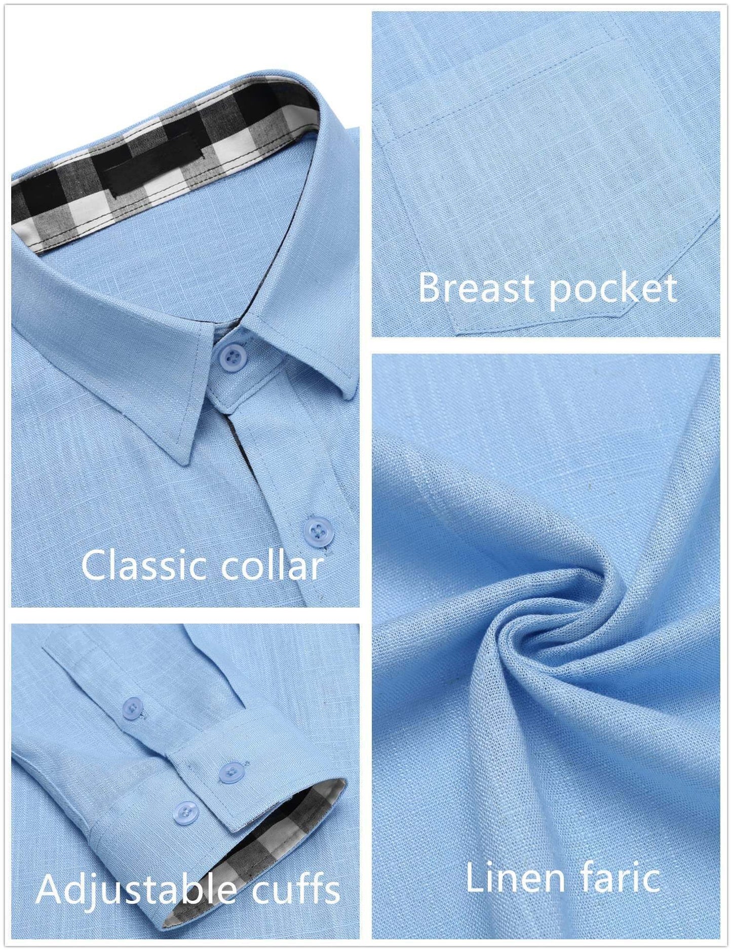 10-PARK Men's Cotton Aand Linen Simple Basic Plaid Pocket Classic Long-Sleeved Shirt
