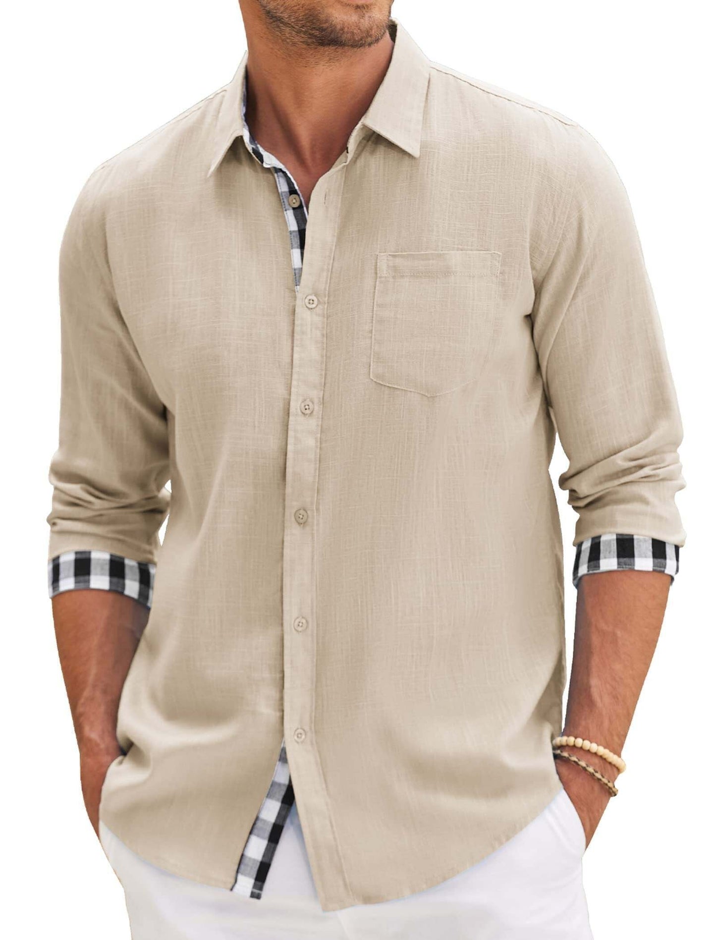 10-PARK Men's Cotton Aand Linen Simple Basic Plaid Pocket Classic Long-Sleeved Shirt