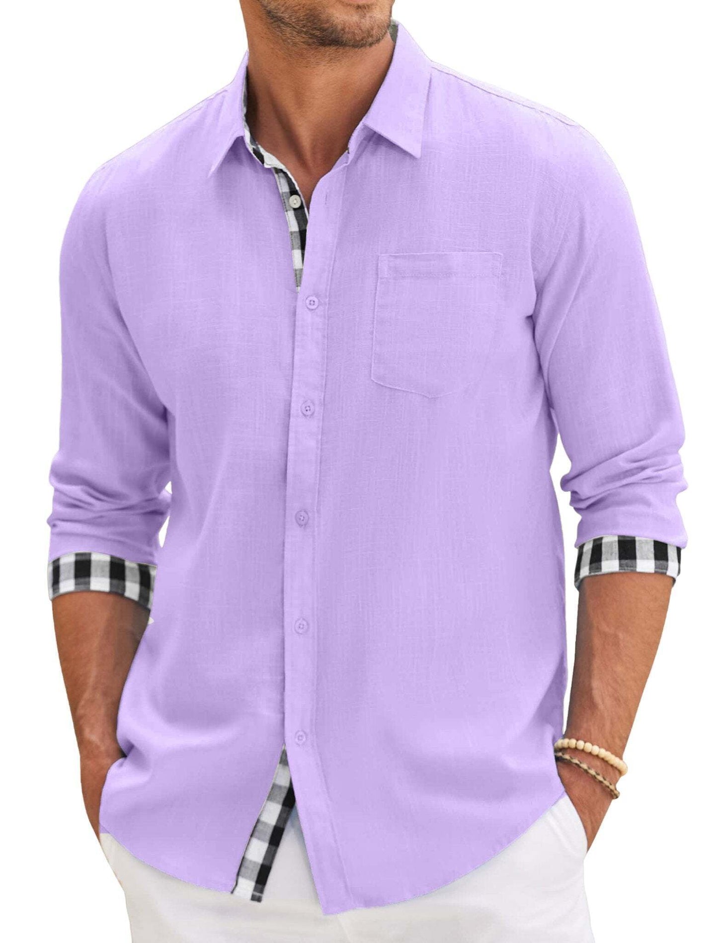 10-PARK Men's Cotton Aand Linen Simple Basic Plaid Pocket Classic Long-Sleeved Shirt