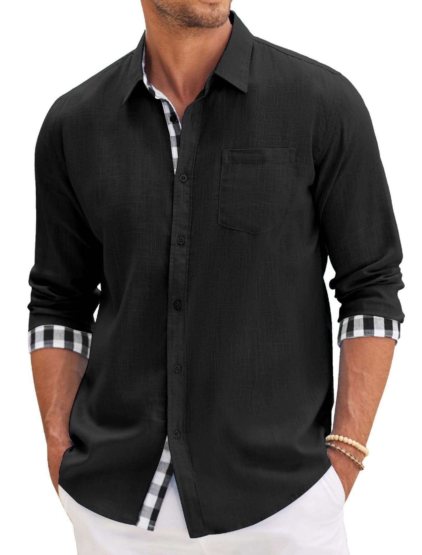 10-PARK Men's Cotton Aand Linen Simple Basic Plaid Pocket Classic Long-Sleeved Shirt