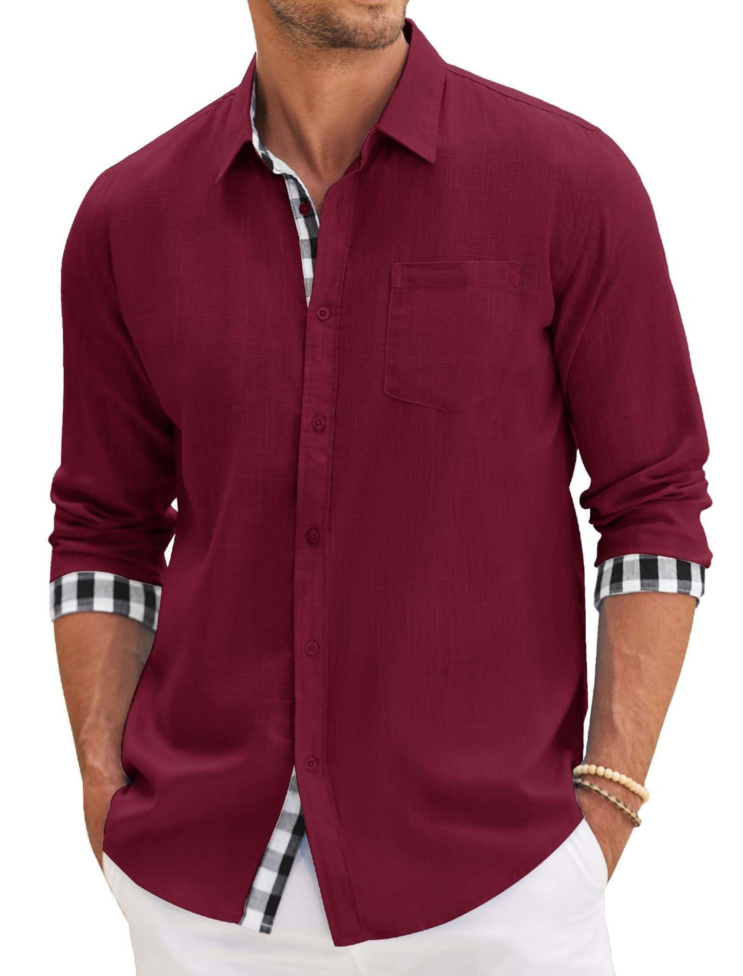 10-PARK Men's Cotton Aand Linen Simple Basic Plaid Pocket Classic Long-Sleeved Shirt
