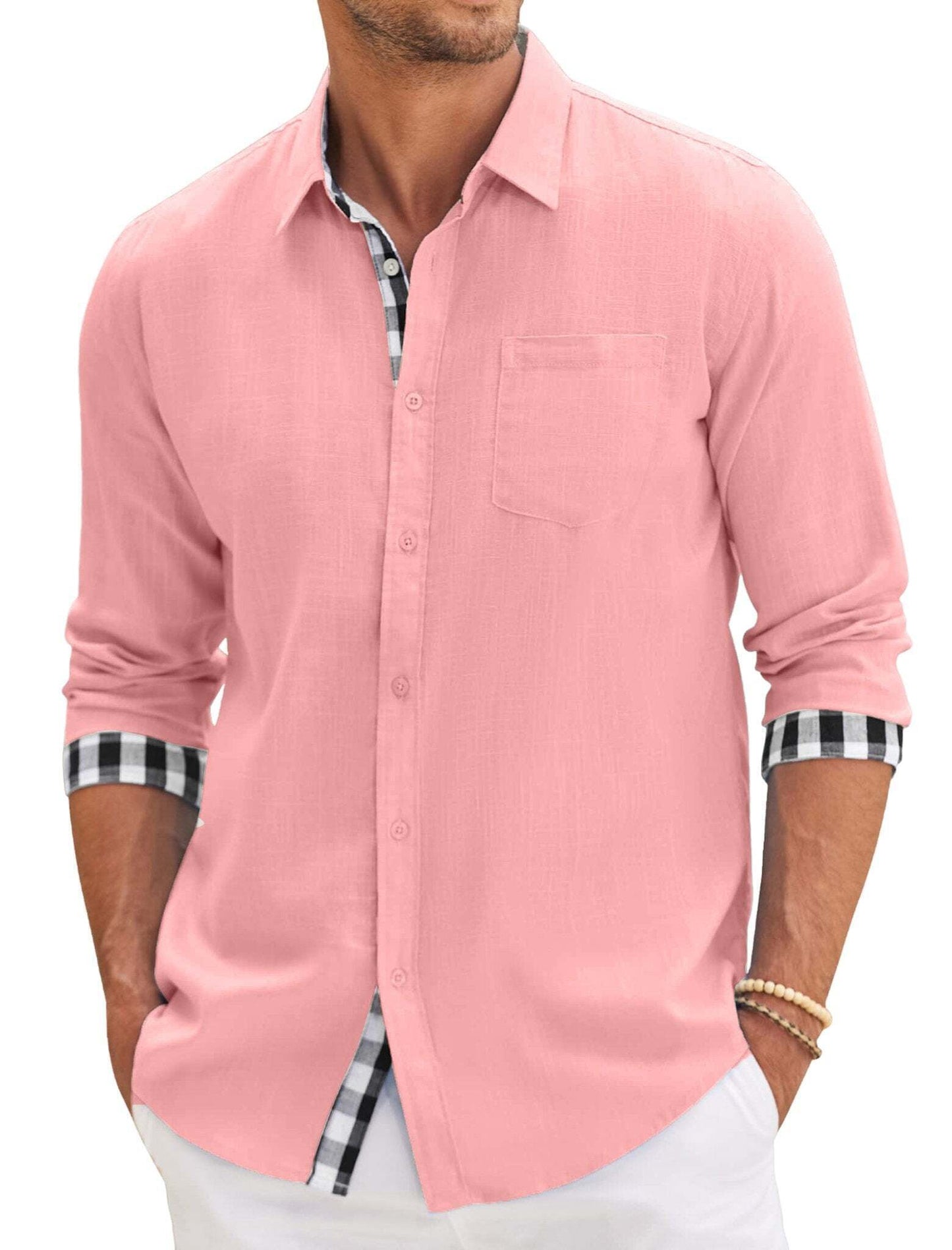 10-PARK Men's Cotton Aand Linen Simple Basic Plaid Pocket Classic Long-Sleeved Shirt