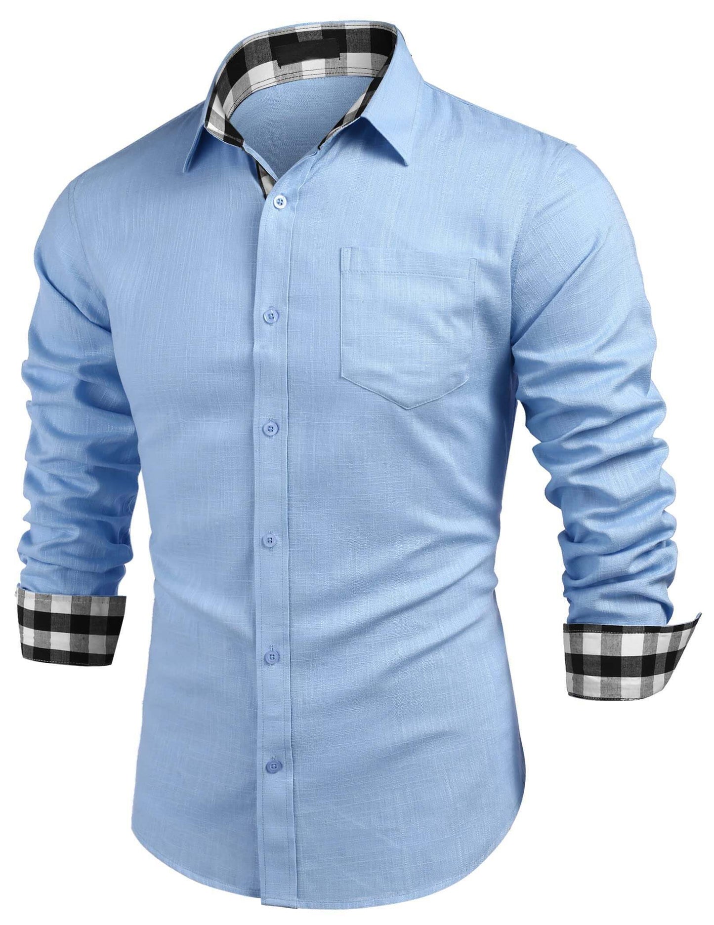 10-PARK Men's Cotton Aand Linen Simple Basic Plaid Pocket Classic Long-Sleeved Shirt