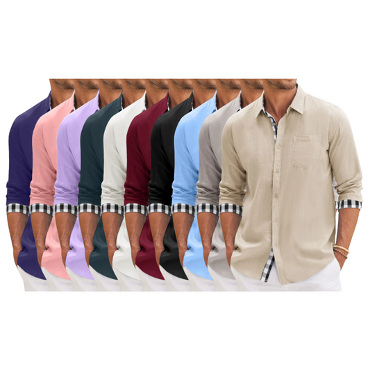 10-PARK Men's Cotton Aand Linen Simple Basic Plaid Pocket Classic Long-Sleeved Shirt
