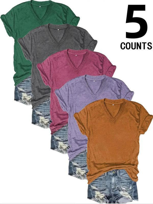 5 Colors Solid Short Sleeve V Neck Tee